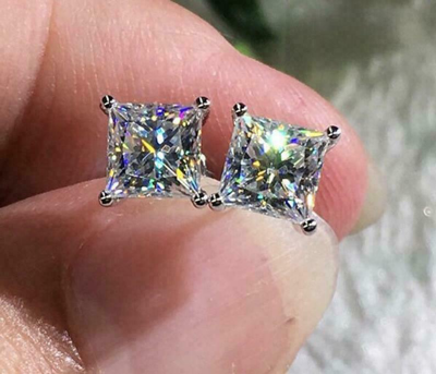 Pre-owned Loved Once 1.50ct Princess Cut Stud Earrings Moissanite Diamond 14k White Gold Finish