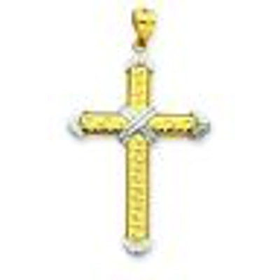 Pre-owned Pricerock 14k Yellow & White Gold Greek Key Design Crucifix Cross Religious Charm Pendant