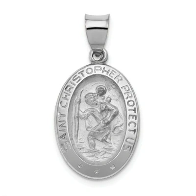 Pre-owned Goldia 14k White Gold Satin & Polished St. Christopher Protect Us Medal Oval Pendant In Yellow