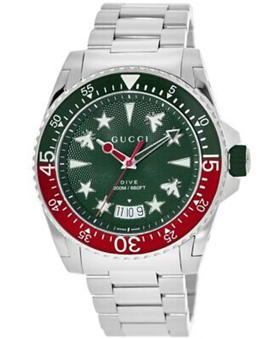 Pre-owned Gucci Dive 45mm Green Dial Steel Men's Watch Ya136222