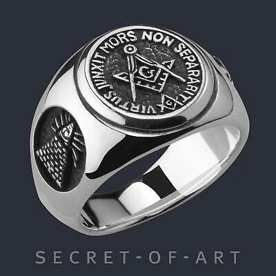 Pre-owned Secret Of Art Mens Masonic Ring Silver 925 Freemason All Seeing Eye Compss Square Size 9-13 Us