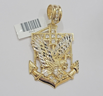 Pre-owned My Elite Jeweler Real 14k Yellow Gold Charm Eagle Anchor Pendant With White Gold And Stone Men's
