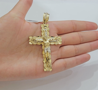 Pre-owned My Elite Jeweler Real 14kt Gold Cross Charm Pendant Jesus Crucifix 3" Yellow Gold For Men's Chain In White