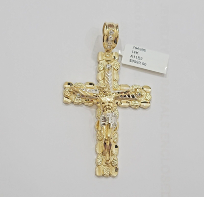 Pre-owned My Elite Jeweler 14k Yellow Gold Cross Nugget Pendant Jesus Crucifix 3 Inch 14kt Charm Men's Real In White