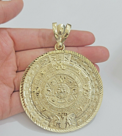 Pre-owned My Elite Jeweler Solid Real 10kt Yellow Gold Pendant Aztec Mayan Calendar 3" Mens Charm For Chain