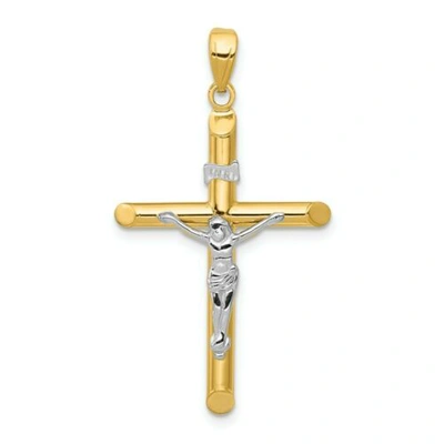 Pre-owned Pricerock 14k Yellow And White Gold Solid Polished Hollow Inri Crucifix Pendant