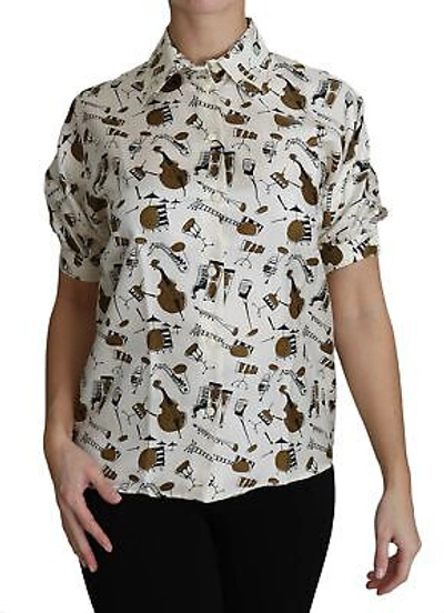 Pre-owned Dolce & Gabbana Blouse White Musical Instrument Print Polo Top It44/us10/l $800