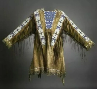 Pre-owned Leather_yorker Native American Sioux Western Suede Leather Jacket Fringe & Beads Work War Shirt In Brown