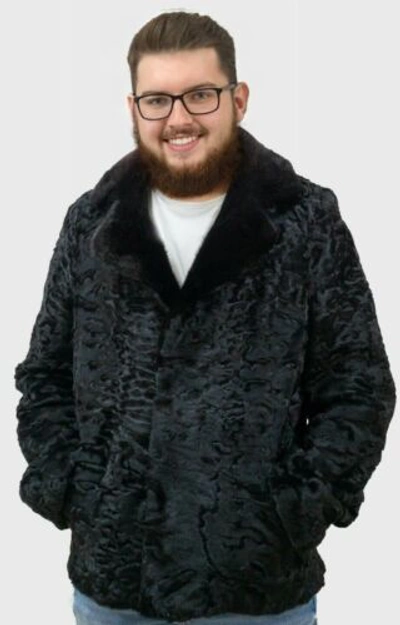 Pre-owned Handmade Man's Real Real Astrakhan Swakara Wavy Karakul Fur Jacket Coat All & Custom Size In Black