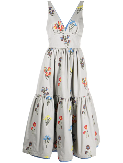 Silvia Tcherassi Dorotea Tiered Floral-embroidered Midi-dress In Grey