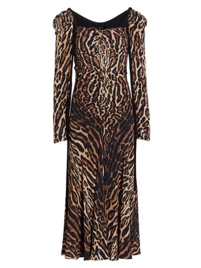 Proenza Schouler Leopard Print Ruched Long Sleeve Crêpe De Chine Midi Dress In Animal Print