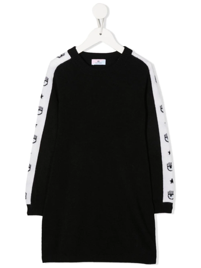 Chiara Ferragni Kids' Black Sweater Dress In Wool Blend With White Band With Logo In Nero