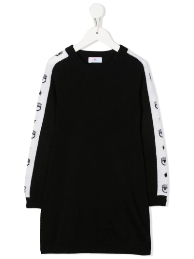 Chiara Ferragni Kids' Black Jumper Dress In Wool Blend With White Band With Logo In Nero