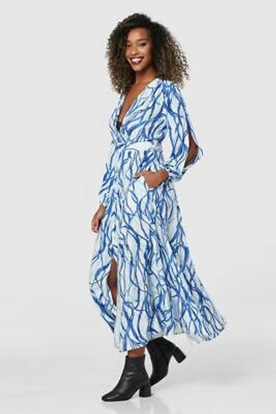 Pre-owned Closet London Blue Print Full Skirt Wrap Midi Dress