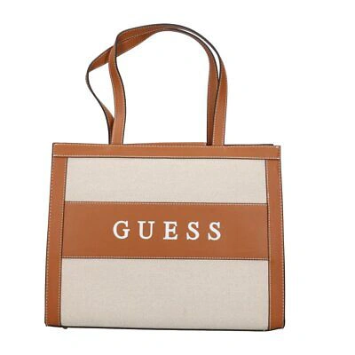 Pre-owned Guess Salford Wb869923 Shopper Bag Cognac Fabric And Leather
