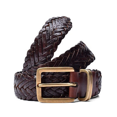Pre-owned Brunello Cucinelli Men's 100% Leather Braided Belt With Brass Tone Frame Buckle