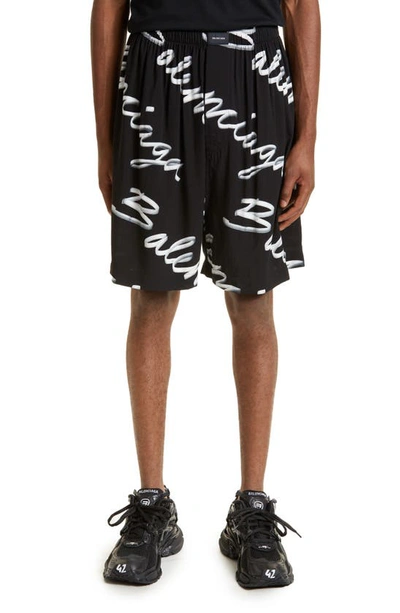 Balenciaga Scribble Print Logo Shorts In Black