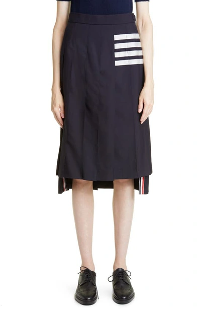Thom Browne Structured Pleated Midi Skirt With Tricolor Tab Detail In Blue