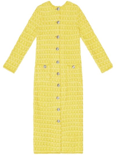 Balenciaga Metallic Eyelash Tweed Backwards Midi Dress In Yellow