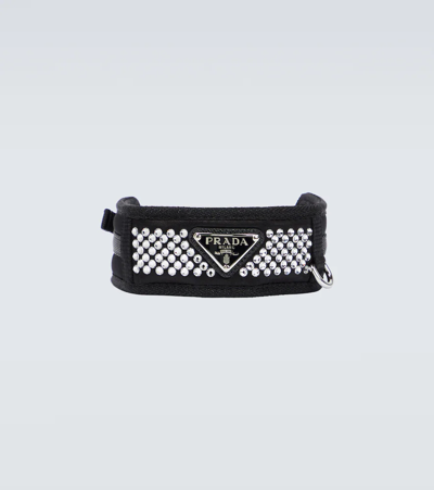 Prada Logo Crystal-embellished Pet Collar In Black