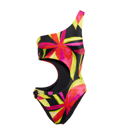 Louisa Ballou Half Moon Cutout Printed Swimsuit In Black,multi