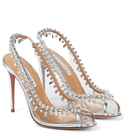Aquazzura Temptation Crystal-embellished Metallic Leather And Pvc Slingback Sandals In Silver