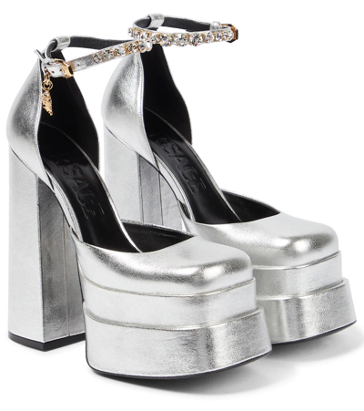 Versace Medusa Aevitas Leather Platform Pumps In Silver