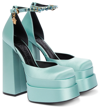 Versace 155mm La Medusa Platform Satin Mary Janes In Blue