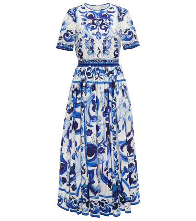 Dolce & Gabbana Pleated Printed Cotton-poplin Midi Dress In Blue