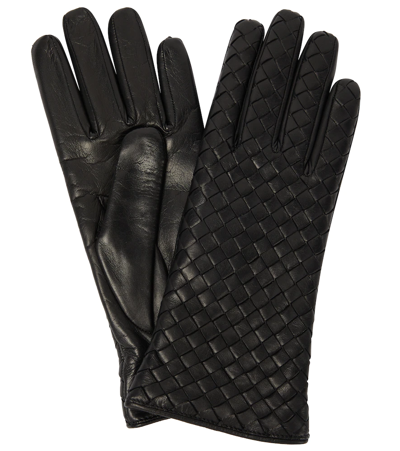 Bottega Veneta Intrecciato Woven-pattern Leather Gloves In Black