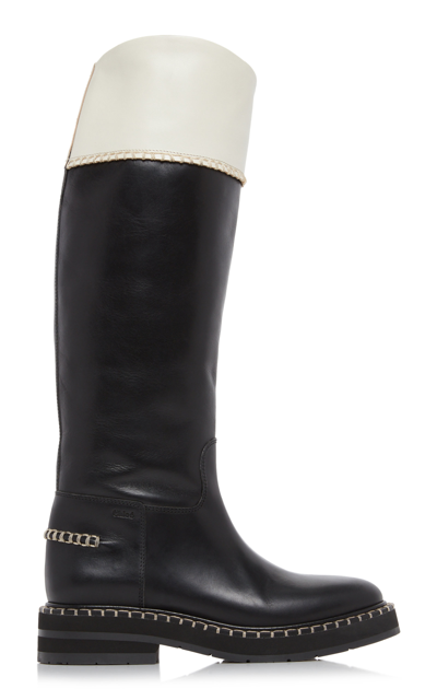 Chloé Noua Blanket-stitched Leather Knee-high Boots In Black,white