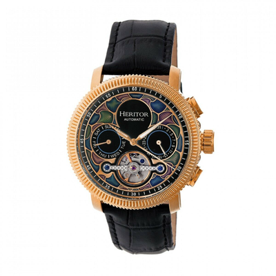 Pre-owned Heritor Automatic Aura Men's Semi-skeleton Black Leather Rose Gold Watch Hr3503