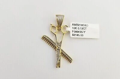 Pre-owned Globalwatches10 0.12ct Real Diamond Barber Scissors Comb Clippers Pendant 10k Yellow Gold Charm
