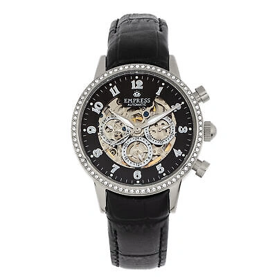 Pre-owned Empress Beatrice Automatic Skeleton Dial Leather Watch W/day/date - Silver/black