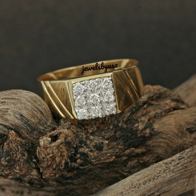 Pre-owned Nsg Husband Gift 1ct Genuine Moissanite Mens Square Band Ring 14k Yellow Gold Plated In White