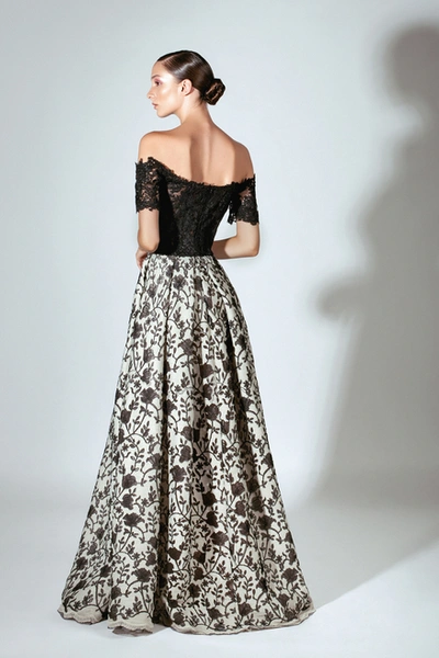 Beside Couture By Gemy Off The Shoulder/ Floral Skirt Gown In Black-grey