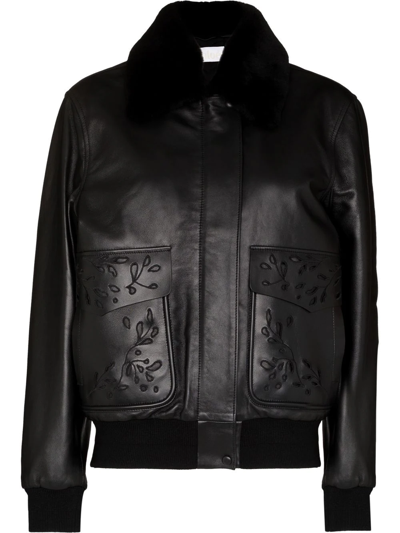 Chloé Shearling-trimmed Broderie Anglaise Leather Bomber Jacket In Black
