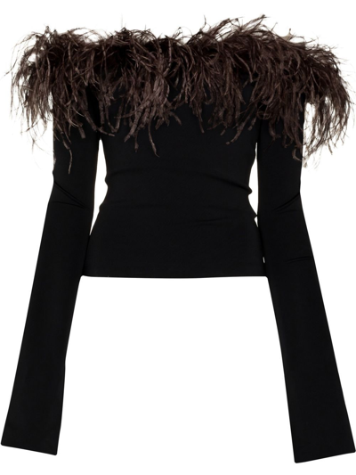 16arlington Orion Off-the-shoulder Feather-trimmed Stretch-jersey Top In Black