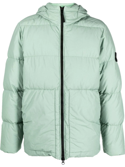 Stone Island Hooded Down Jacket In Garment Dyed Crinkle Reps R-ny In Green