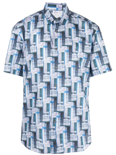 Brioni Geometric-print Short-sleeve Shirt In Blue