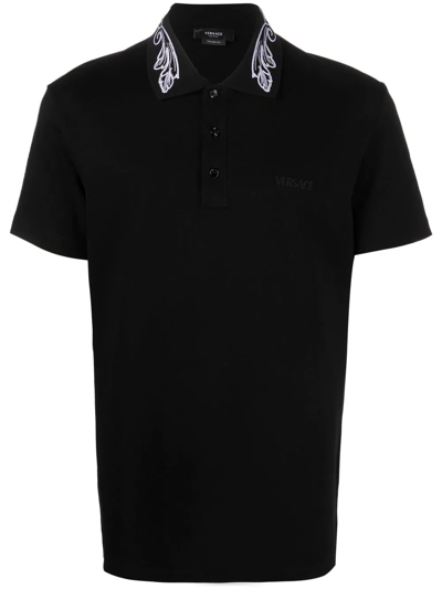 Versace Men's Silver Baroque, Fuchsia And Tawny Cotton Polo Shirt In Black