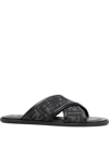 Fendi Logo-embroidered Crossover Strap Slides In Black