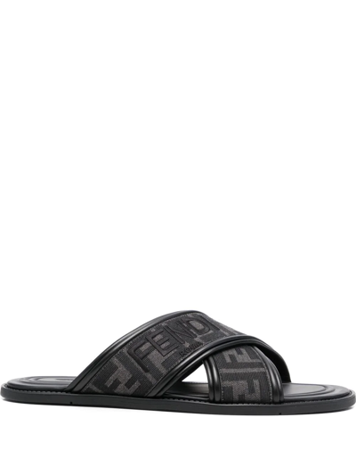 Fendi Logo-embroidered Crossover Strap Slides In Black