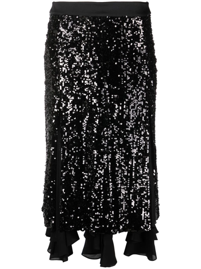 Khaite Aya Sequin-embellished Silk Godet Midi Skirt In Black