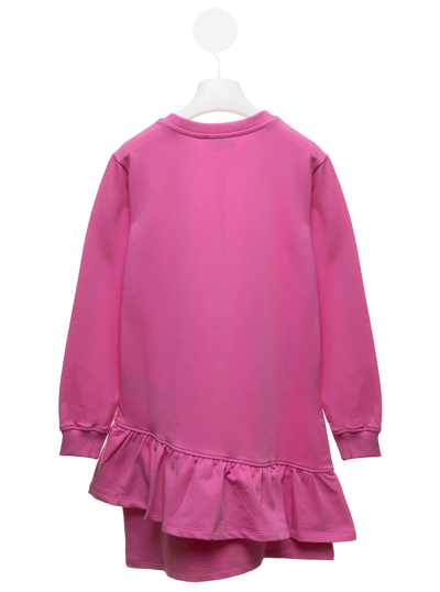 Moschino Asymmetrical Pink Cotton Dress With Teddy Bear Bag Print  Kids Girl In Fuxia