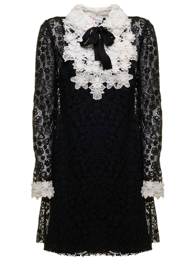Red Valentino Black Macramé Dress With Macro Flowers Crew Neck Woman In Black/white