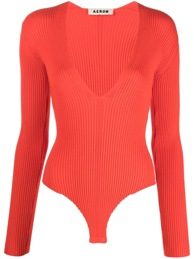 Aeron Falaise V-neck Ribbed Knit Bodysuit In Red