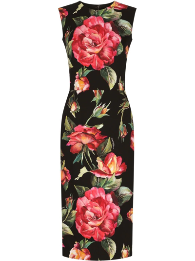 Dolce & Gabbana Floral-print Silk-blend Crepe De Chine Midi Dress In Rose Rosa Fdo Nero