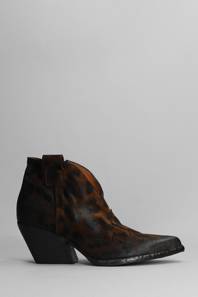 Elena Iachi Texan Ankle Boots In Animalier Suede In Brown