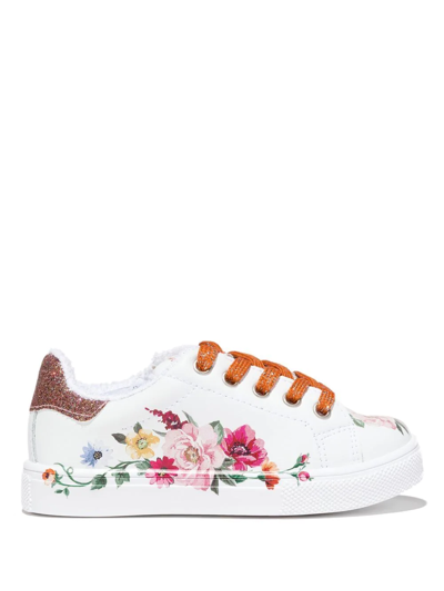 Monnalisa Rose Print Leather Lace-up Sneakers In White